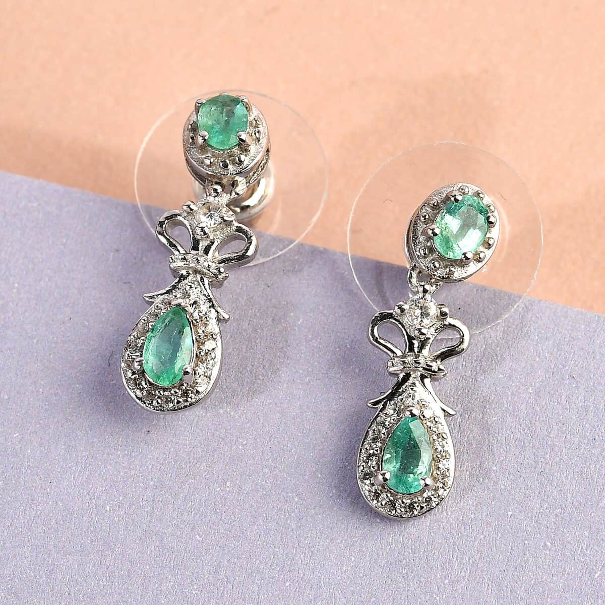 AAA Kagem Zambian Emerald and White Zircon Earrings in Platinum Over Sterling Silver 0.90 ctw image number 1