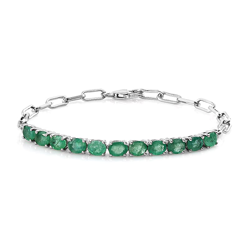 AAA Kagem Zambian Emerald Paper Clip Chain Bracelet in Platinum Over Sterling Silver (6.50 In) 3.50 ctw