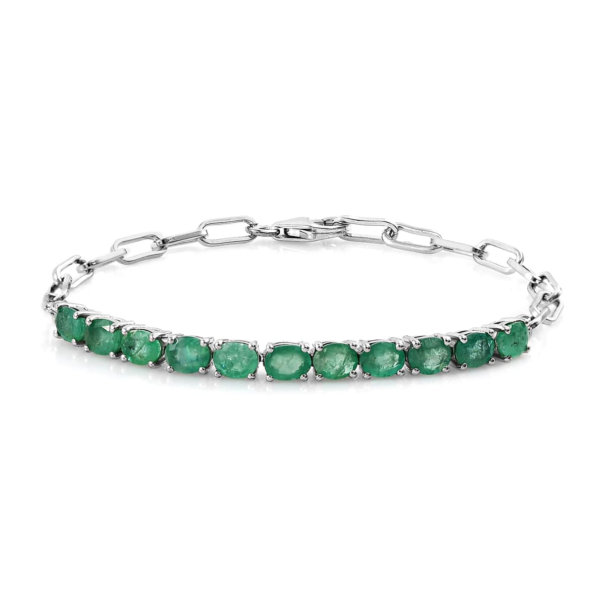 AAA Kagem Zambian Emerald Paper Clip Chain Bracelet in Platinum Over Sterling Silver (8.00 In) 3.50 ctw image number 0