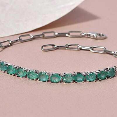 AAA Kagem Zambian Emerald Paper Clip Chain Bracelet in Platinum Over Sterling Silver (6.50 In) 3.50 ctw