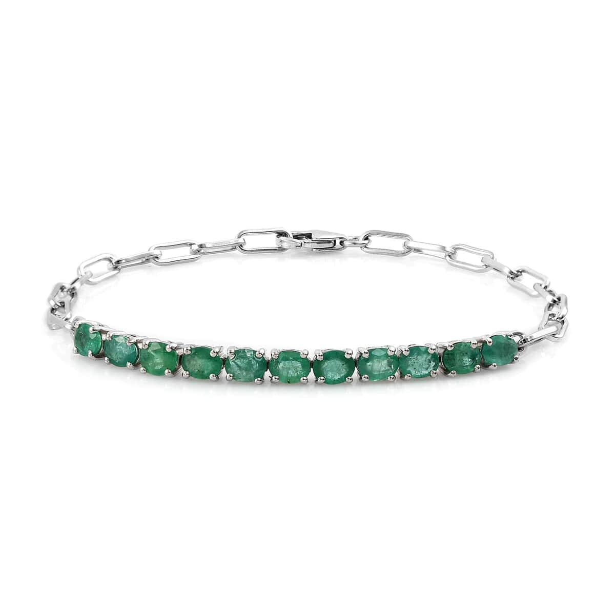 AAA Kagem Zambian Emerald Paper Clip Chain Bracelet in Platinum Over Sterling Silver (7.25 In) 3.50 ctw image number 0