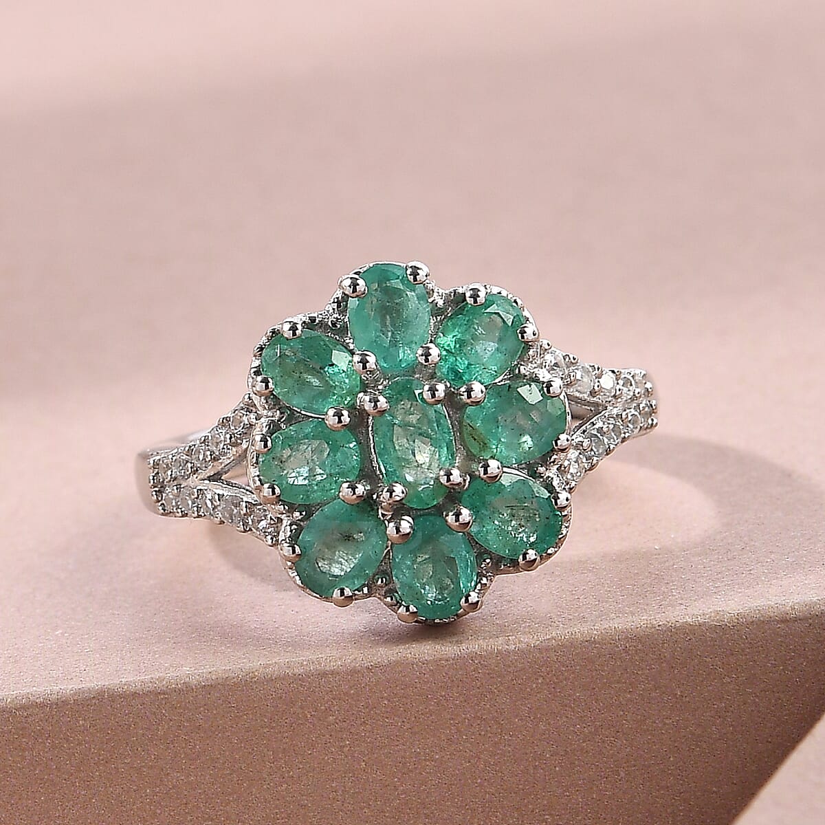 AAA Kagem Zambian Emerald and Natural White Zircon Floral Ring in Platinum Over Sterling Silver (Size 10.0) 1.75 ctw image number 1