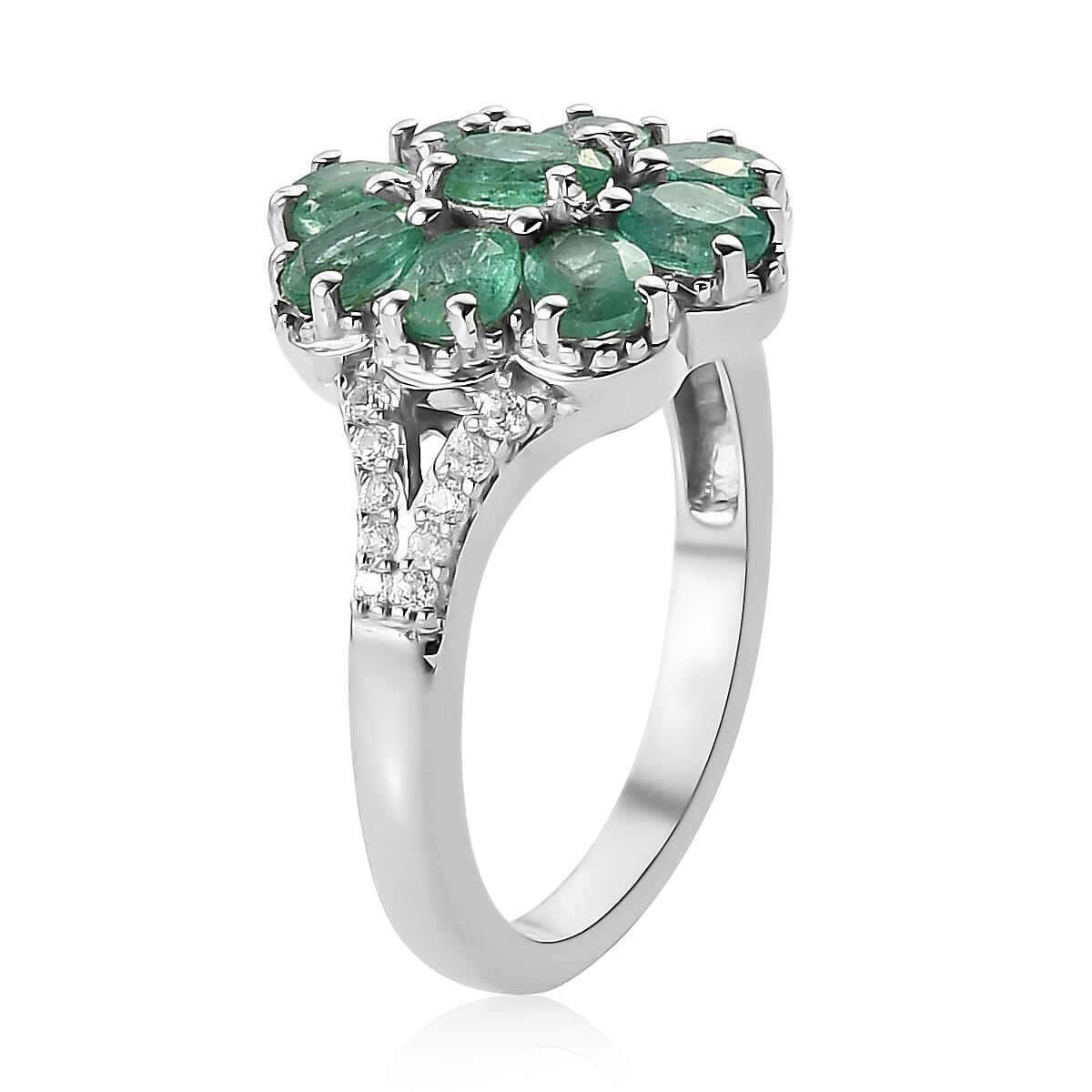 AAA Kagem Zambian Emerald and Natural White Zircon Floral Ring in Platinum Over Sterling Silver (Size 10.0) 1.75 ctw image number 3