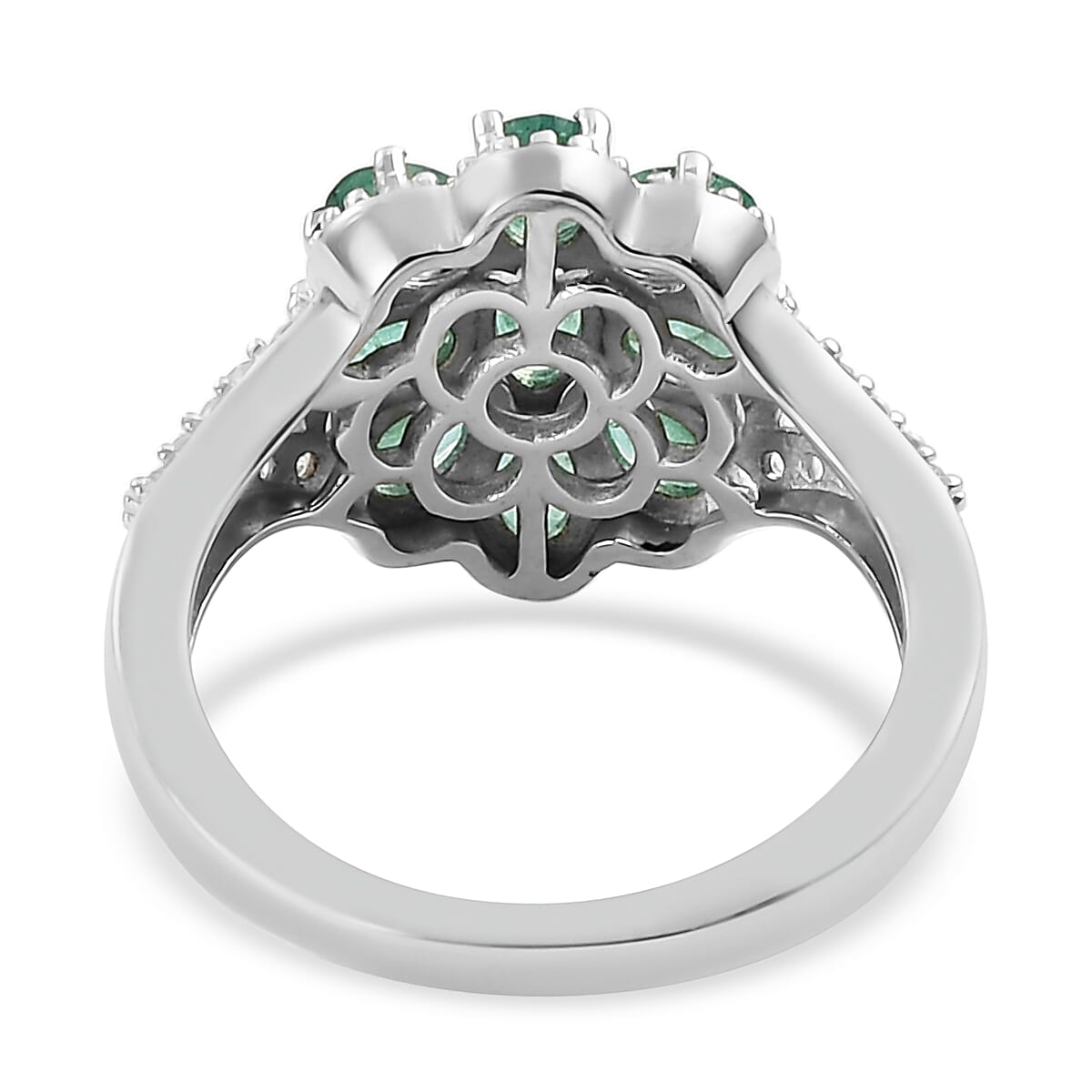 AAA Kagem Zambian Emerald and Natural White Zircon Floral Ring in Platinum Over Sterling Silver (Size 10.0) 1.75 ctw image number 4