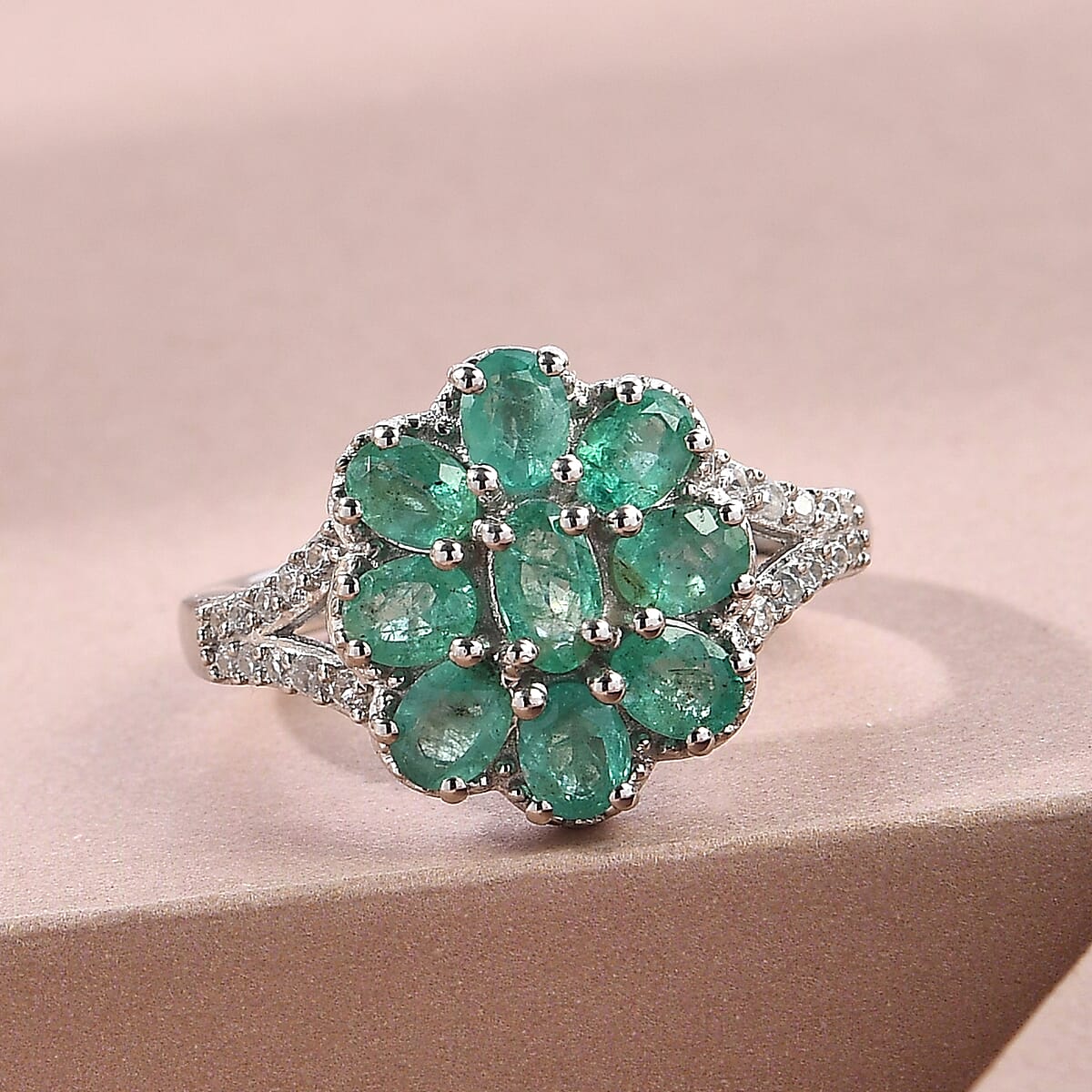 AAA Kagem Zambian Emerald and White Zircon Floral Ring in Platinum Over Sterling Silver (Size 6.0) 1.75 ctw image number 1