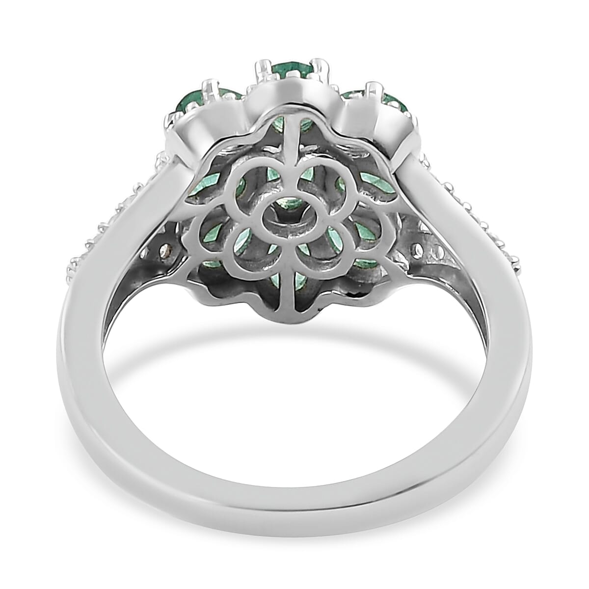 AAA Kagem Zambian Emerald and White Zircon Floral Ring in Platinum Over Sterling Silver (Size 6.0) 1.75 ctw image number 3