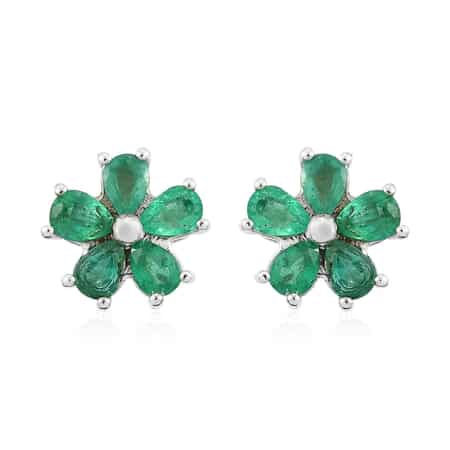 AAA Kagem Zambian Emerald Flower Stud Earrings in Platinum Over Sterling Silver 1.25 ctw image number 0