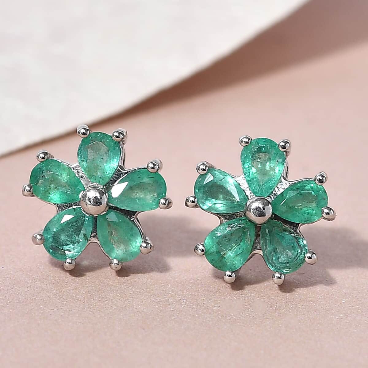 AAA Kagem Zambian Emerald Flower Stud Earrings in Platinum Over Sterling Silver 1.25 ctw image number 1