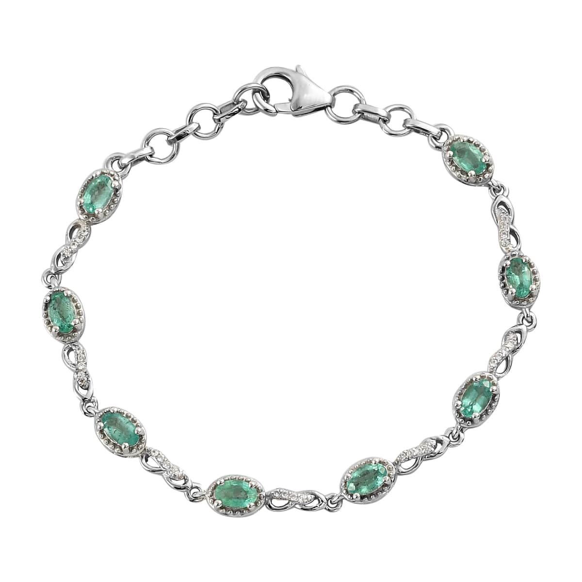 AAA Kagem Zambian Emerald and Natural White Zircon Station Bracelet in Platinum Over Sterling Silver (6.50 In) 1.75 ctw image number 0