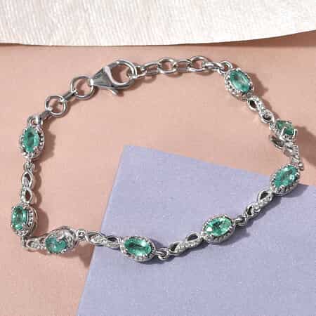 AAA Kagem Zambian Emerald and Natural White Zircon Station Bracelet in Platinum Over Sterling Silver (6.50 In) 1.75 ctw image number 1
