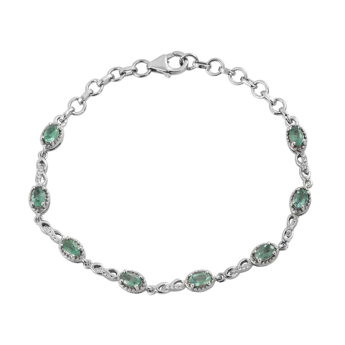 AAA Kagem Zambian Emerald and Natural White Zircon Station Bracelet in Platinum Over Sterling Silver (7.25 In) 1.75 ctw image number 0