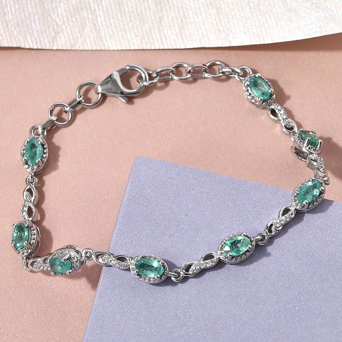 AAA Kagem Zambian Emerald and Natural White Zircon Station Bracelet in Platinum Over Sterling Silver (7.25 In) 1.75 ctw image number 1