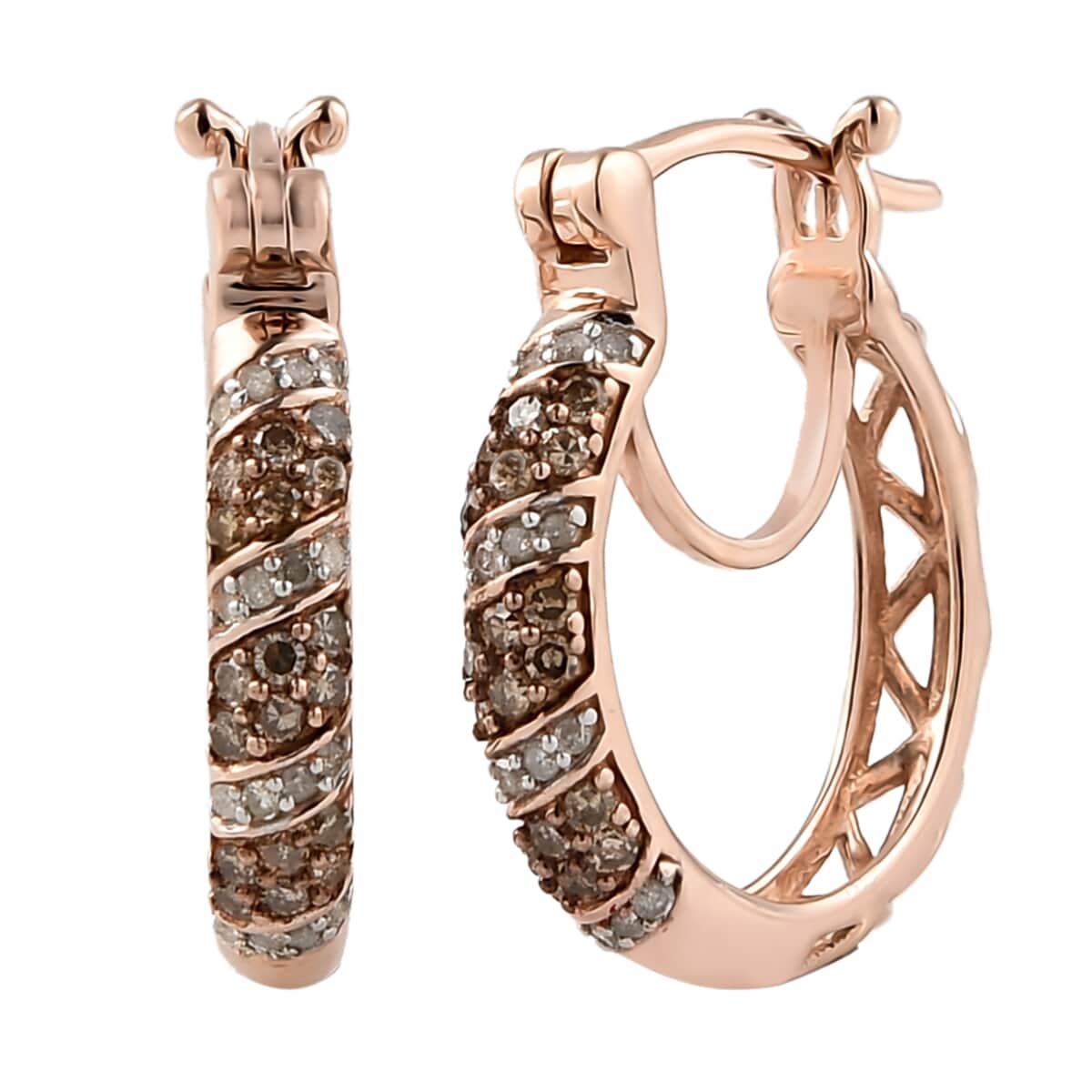 Natural Champagne and White Diamond Hoop Earrings in Vermeil Rose Gold Over Sterling Silver 0.50 ctw image number 0