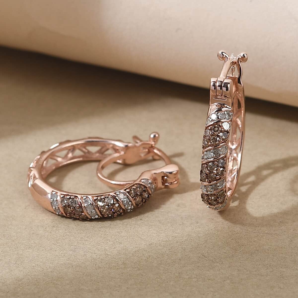 Natural Champagne and White Diamond Hoop Earrings in Vermeil Rose Gold Over Sterling Silver 0.50 ctw image number 1