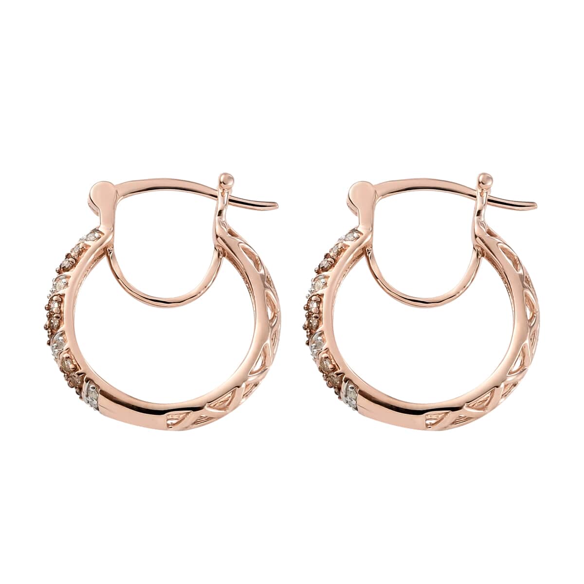 Natural Champagne and White Diamond Hoop Earrings in Vermeil Rose Gold Over Sterling Silver 0.50 ctw image number 3
