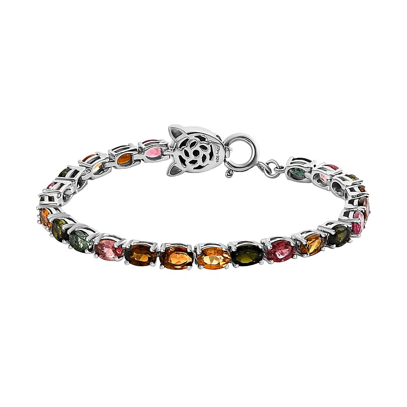 Multi-Tourmaline Tennis Bracelet, Blue Diamond Accent Bracelet, Platinum Over Sterling Silver Bracelet, Panther Clasp Bracelet (6.50 In) 10.50 ctw