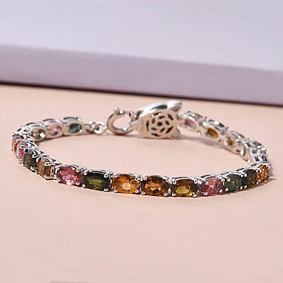 Multi-Tourmaline Tennis Bracelet, Blue Diamond Accent Bracelet, Platinum Over Sterling Silver Bracelet, Panther Clasp Bracelet (6.50 In) 10.50 ctw