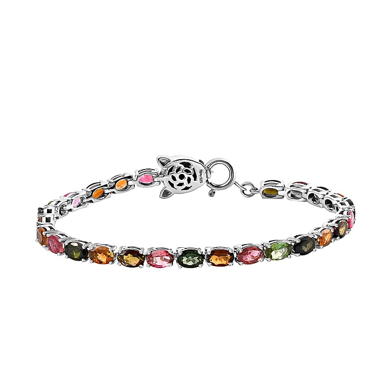 Multi-Tourmaline Tennis Bracelet, Blue Diamond Accent Bracelet, Platinum Over Sterling Silver Bracelet, Panther Clasp Bracelet (7.25 In) 11.90 ctw
