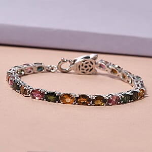 Multi-Tourmaline Tennis Bracelet, Blue Diamond Accent Bracelet, Platinum Over Sterling Silver Bracelet, Panther Clasp Bracelet (7.25 In) 11.90 ctw