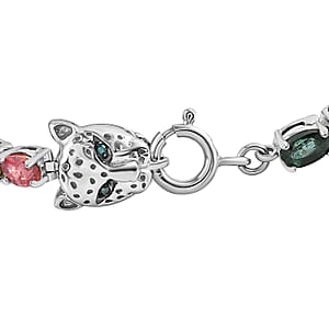Multi-Tourmaline Tennis Bracelet, Blue Diamond Accent Bracelet, Platinum Over Sterling Silver Bracelet, Panther Clasp Bracelet (7.25 In) 11.90 ctw