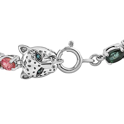 Multi-Tourmaline Tennis Bracelet, Blue Diamond Accent Bracelet, Platinum Over Sterling Silver Bracelet, Panther Clasp Bracelet (7.25 In) 11.90 ctw