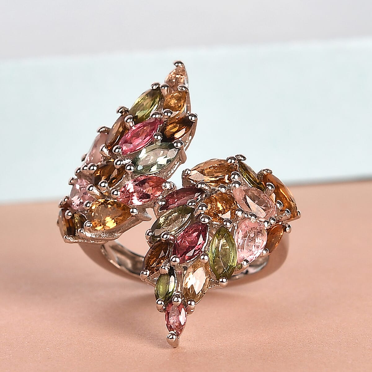 Multi-Tourmaline Angel Wings Bypass Ring in Platinum Over Sterling Silver (Size 8.0) 4.90 ctw image number 1