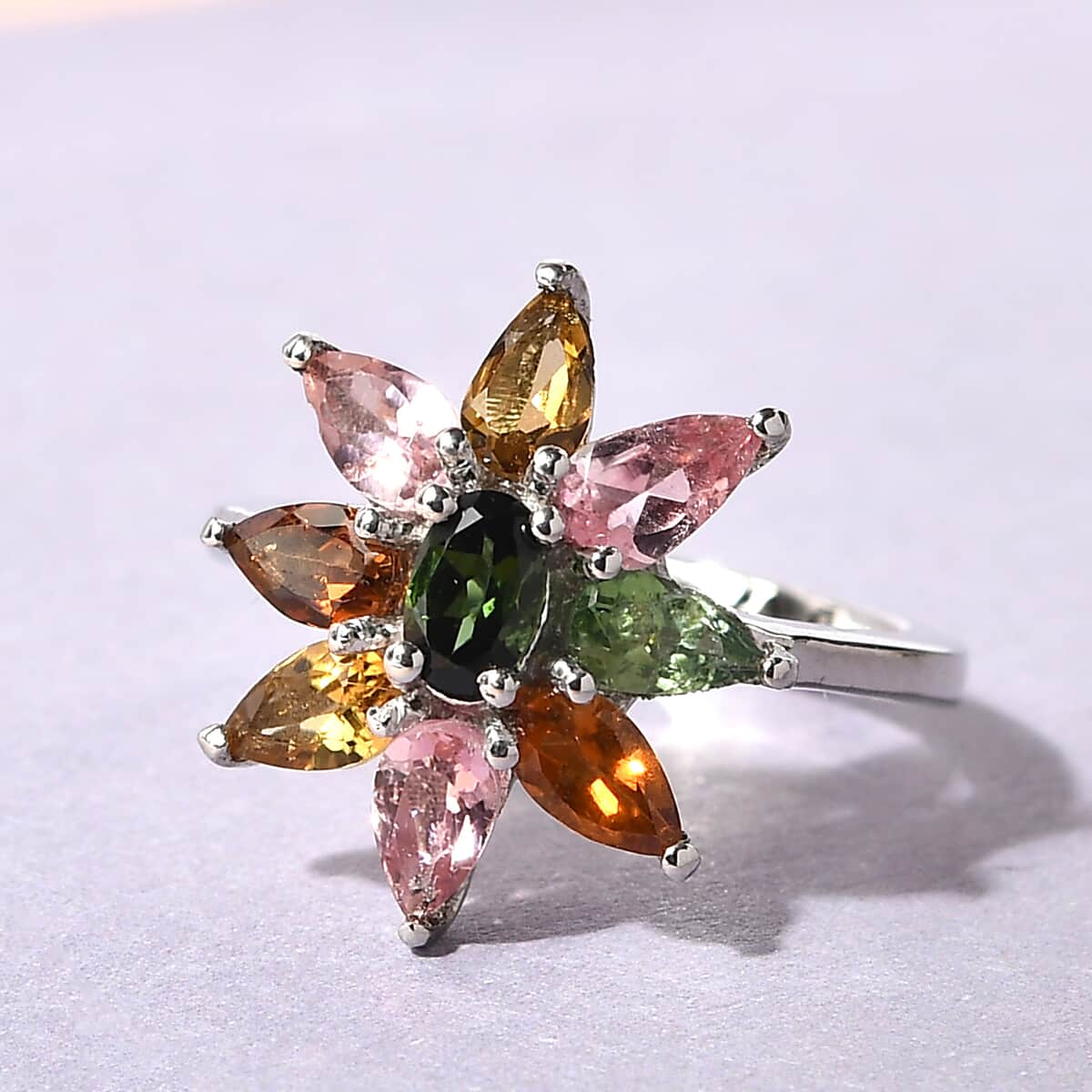 Multi-Tourmaline Floral Ring in Platinum Over Sterling Silver 1.85 ctw image number 1
