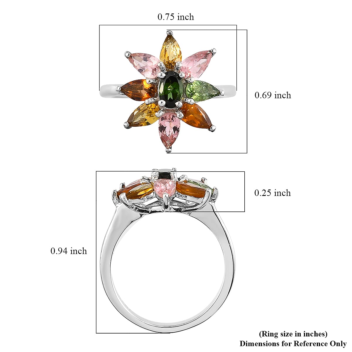 Multi-Tourmaline Floral Ring in Platinum Over Sterling Silver (Size 10.0) 1.85 ctw