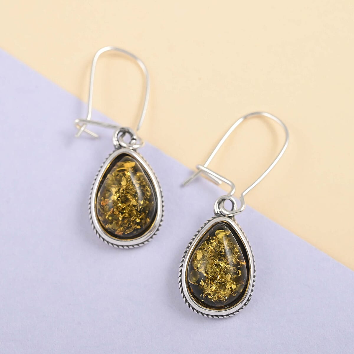 Mayan Green Amber Drop Earrings in Sterling Silver image number 1
