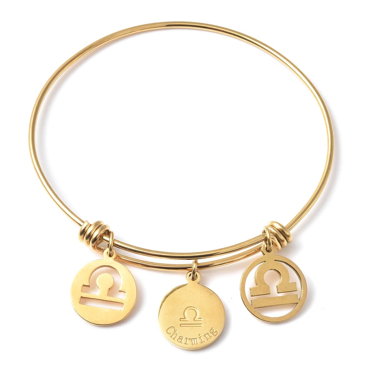 Libra Zodiac Bangle Bracelet Gift Set in ION Plated Yellow Gold Stainless Steel (6-9 in) image number 1