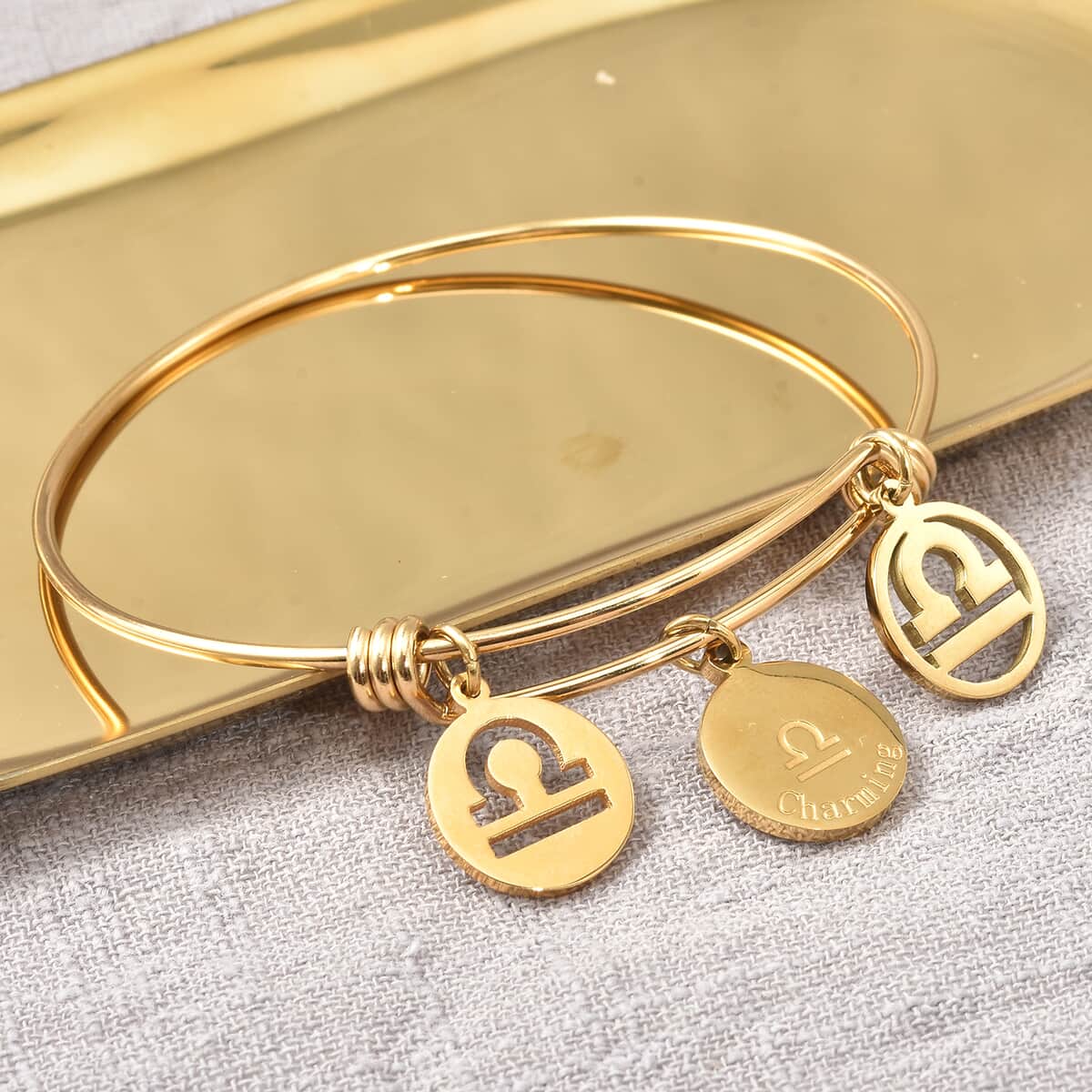 Libra Zodiac Bangle Bracelet Gift Set in ION Plated Yellow Gold Stainless Steel (6-9 in) image number 2