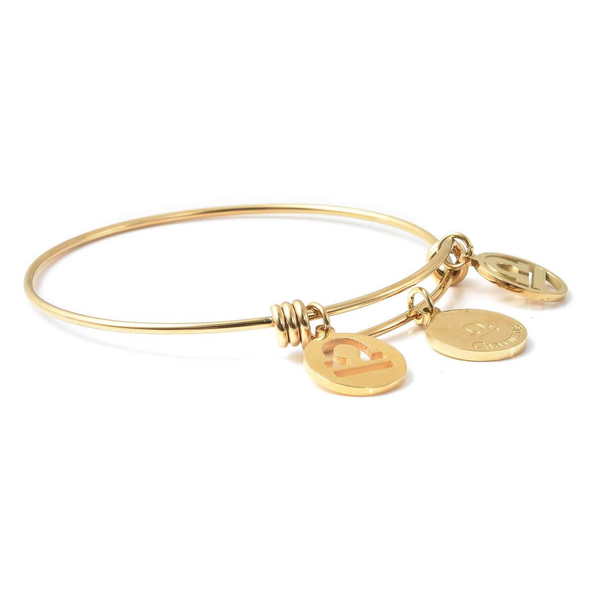 Libra Zodiac Bangle Bracelet Gift Set in ION Plated Yellow Gold Stainless Steel (6-9 in) image number 3