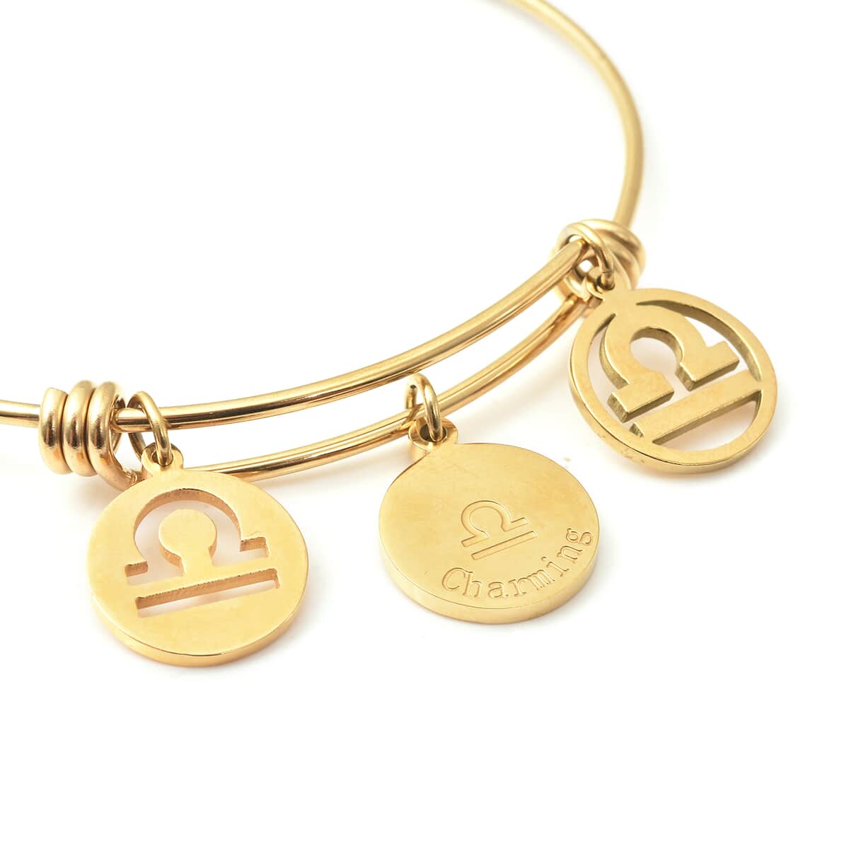 Libra Zodiac Bangle Bracelet Gift Set in ION Plated Yellow Gold Stainless Steel (6-9 in) image number 4