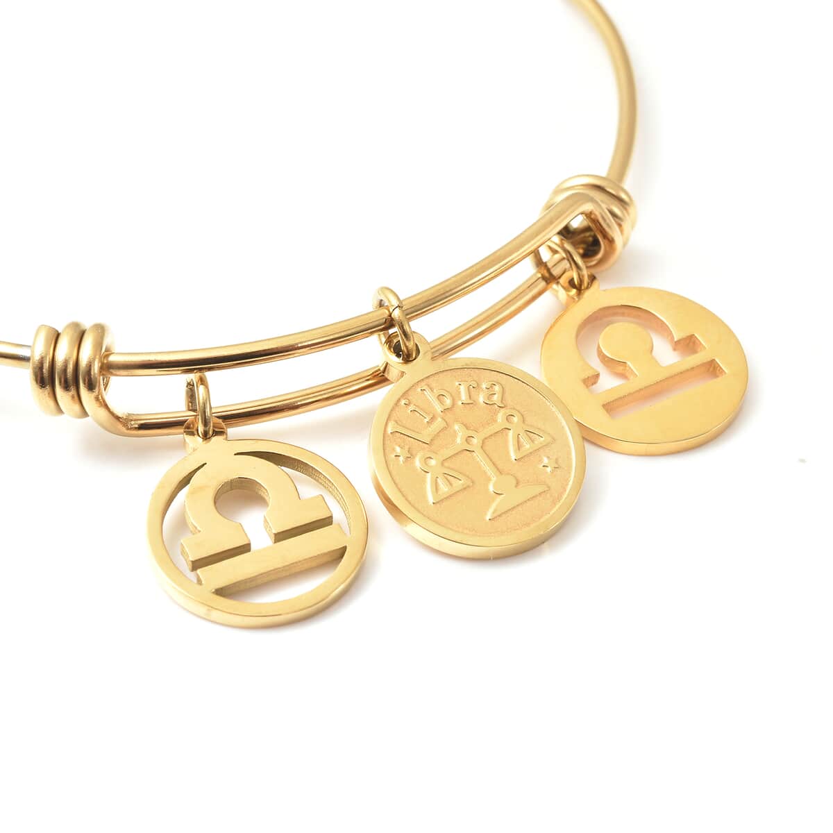 Libra Zodiac Bangle Bracelet Gift Set in ION Plated Yellow Gold Stainless Steel (6-9 in) image number 5