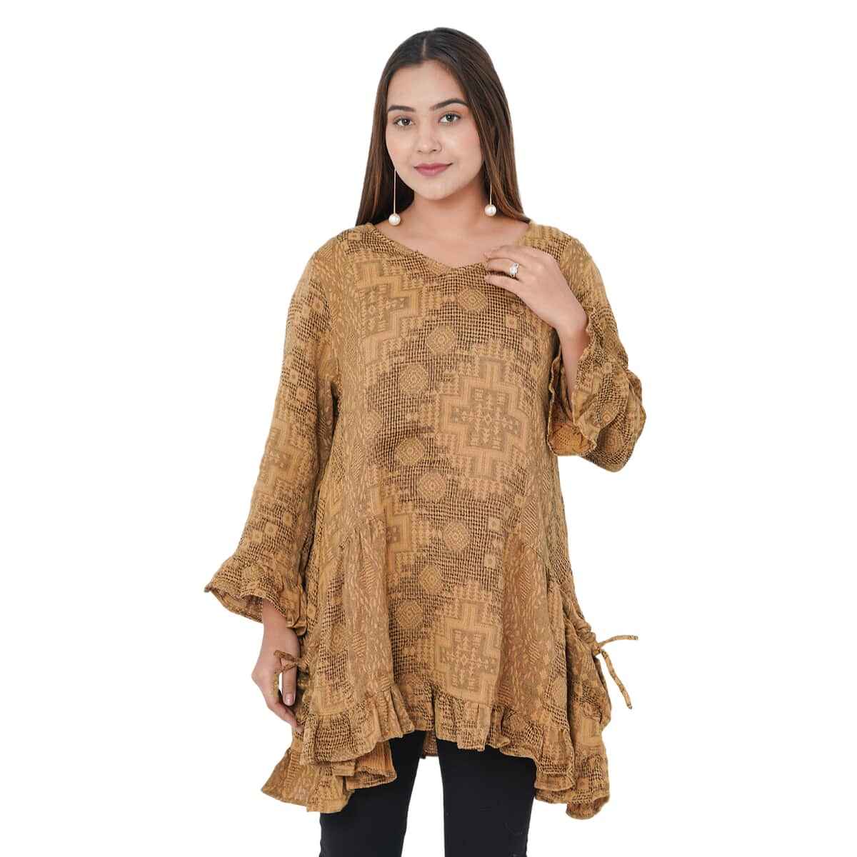 TAMSY Gold 100% Cotton Double Layer Jacquard Ruffle Hem Top - S/M (33"x24") image number 2