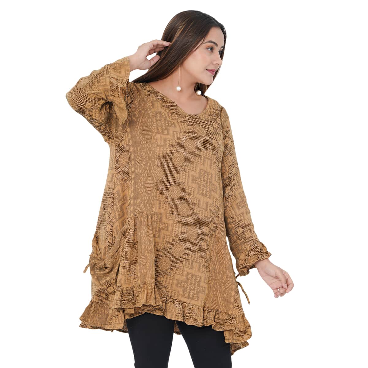 TAMSY Gold 100% Cotton Double Layer Jacquard Ruffle Hem Top - S/M (33"x24") image number 3