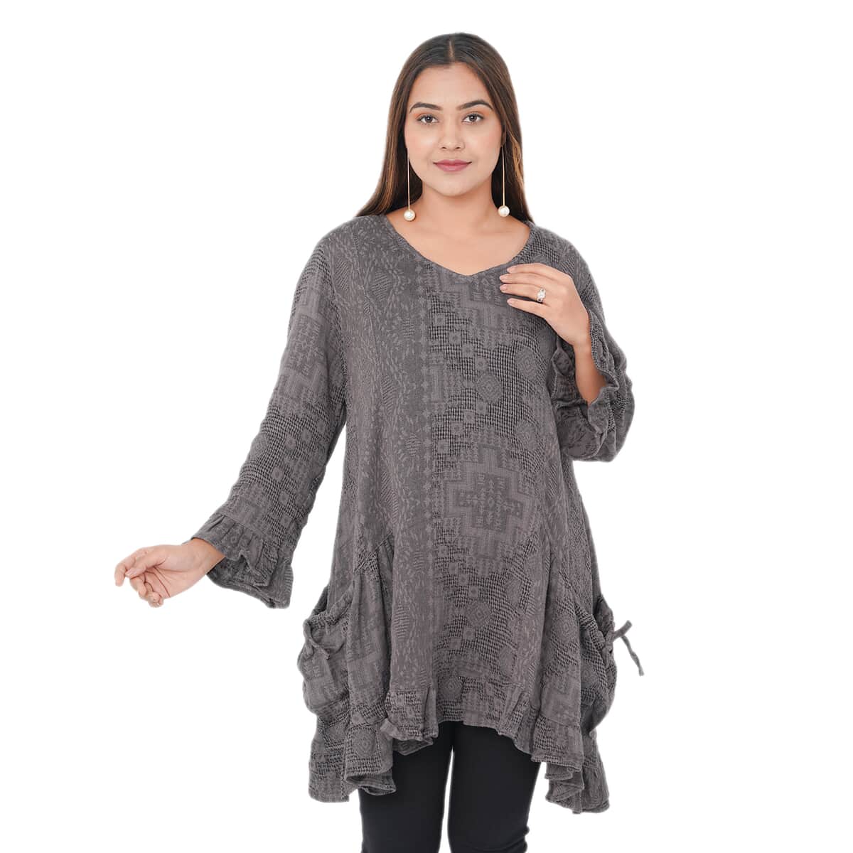 Tamsy Gray 100% Cotton Double Layer Jacquard Ruffle Hem Top - L/XL image number 2