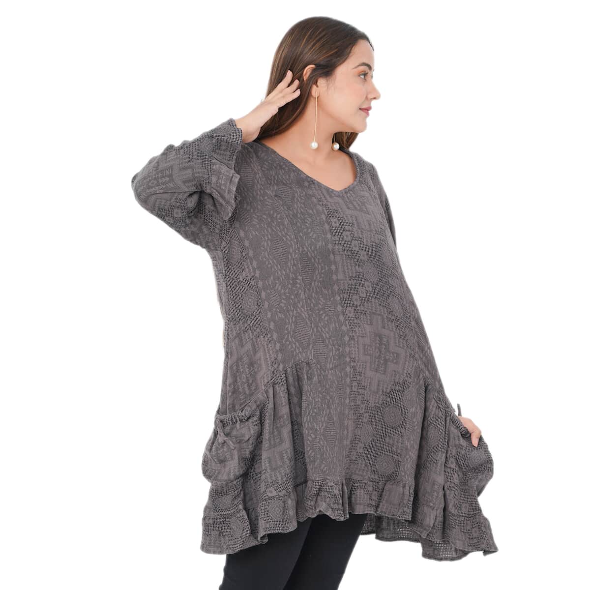 Tamsy Gray 100% Cotton Double Layer Jacquard Ruffle Hem Top - L/XL image number 3