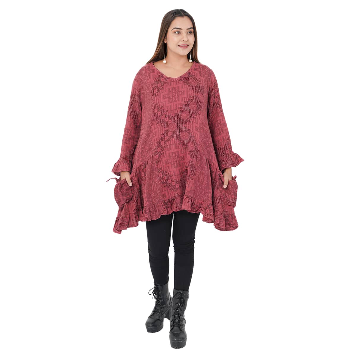 Tamsy Burgundy 100% Cotton Double Layer Jacquard Ruffle Hem Top - L/XL image number 0