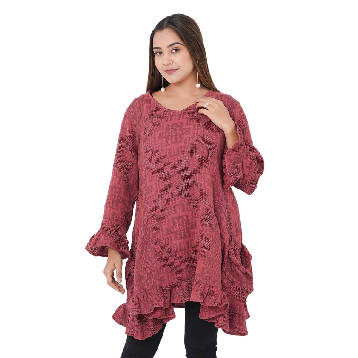 Tamsy Burgundy 100% Cotton Double Layer Jacquard Ruffle Hem Top - L/XL image number 2