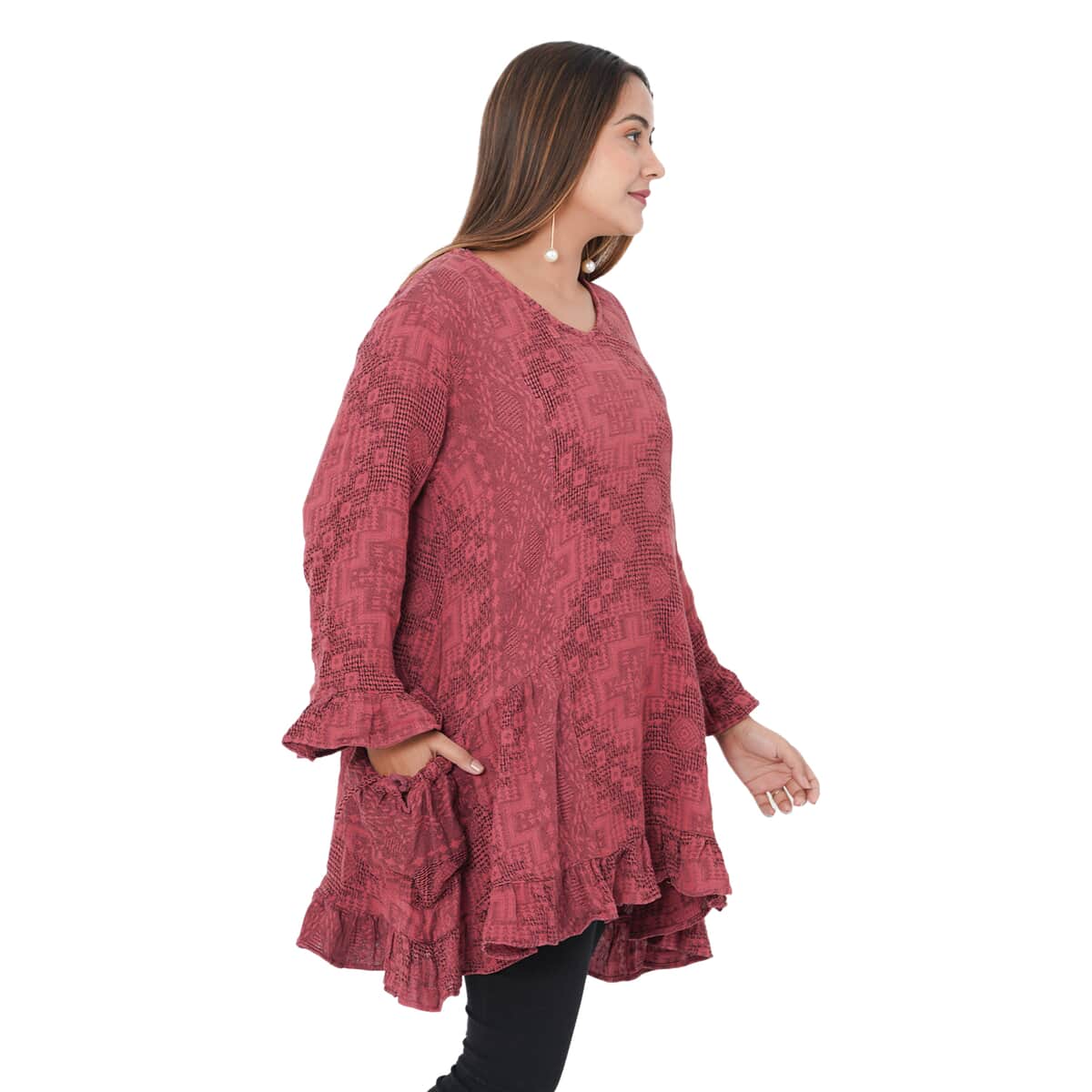 Tamsy Burgundy 100% Cotton Double Layer Jacquard Ruffle Hem Top - L/XL image number 3