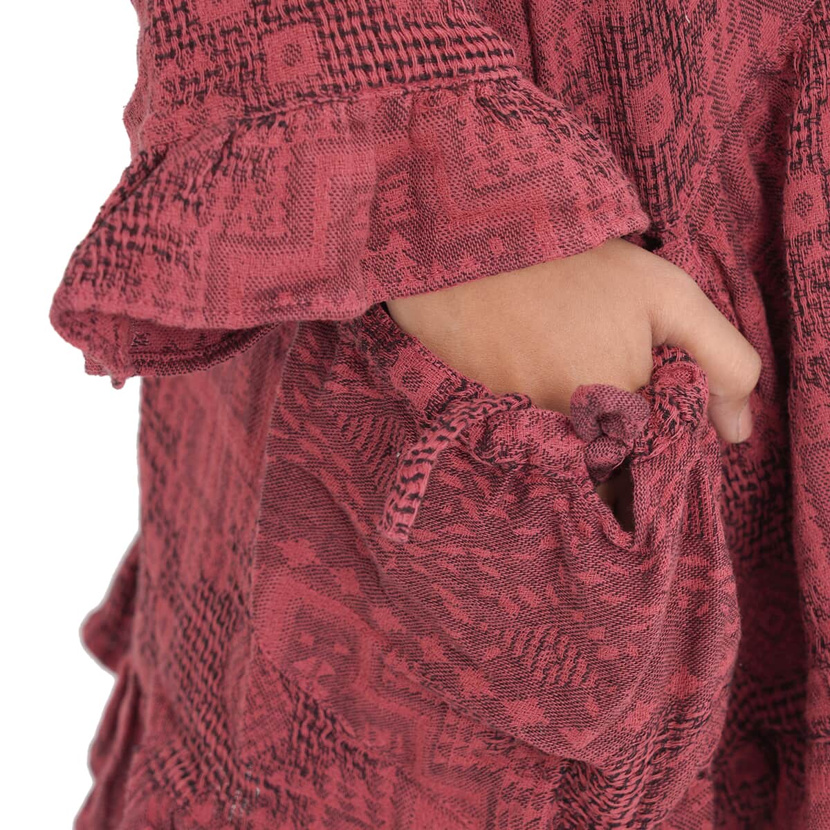 Tamsy Burgundy 100% Cotton Double Layer Jacquard Ruffle Hem Top - L/XL image number 4