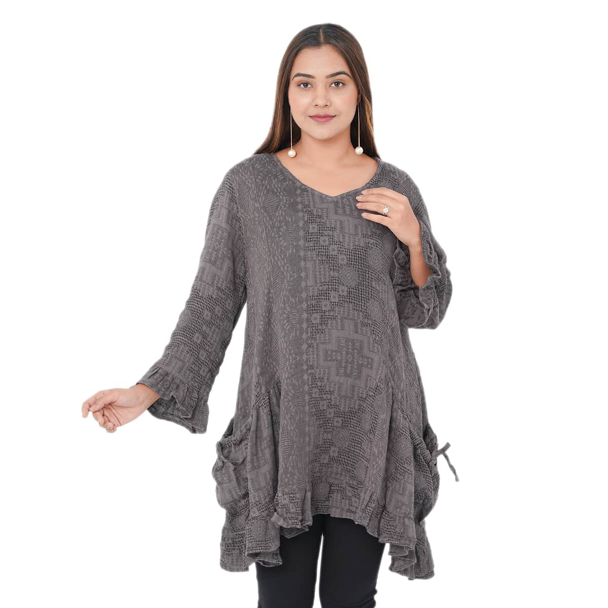 Tamsy Gray 100% Cotton Double Layer Jacquard Ruffle Hem Top - XL/XXL image number 2