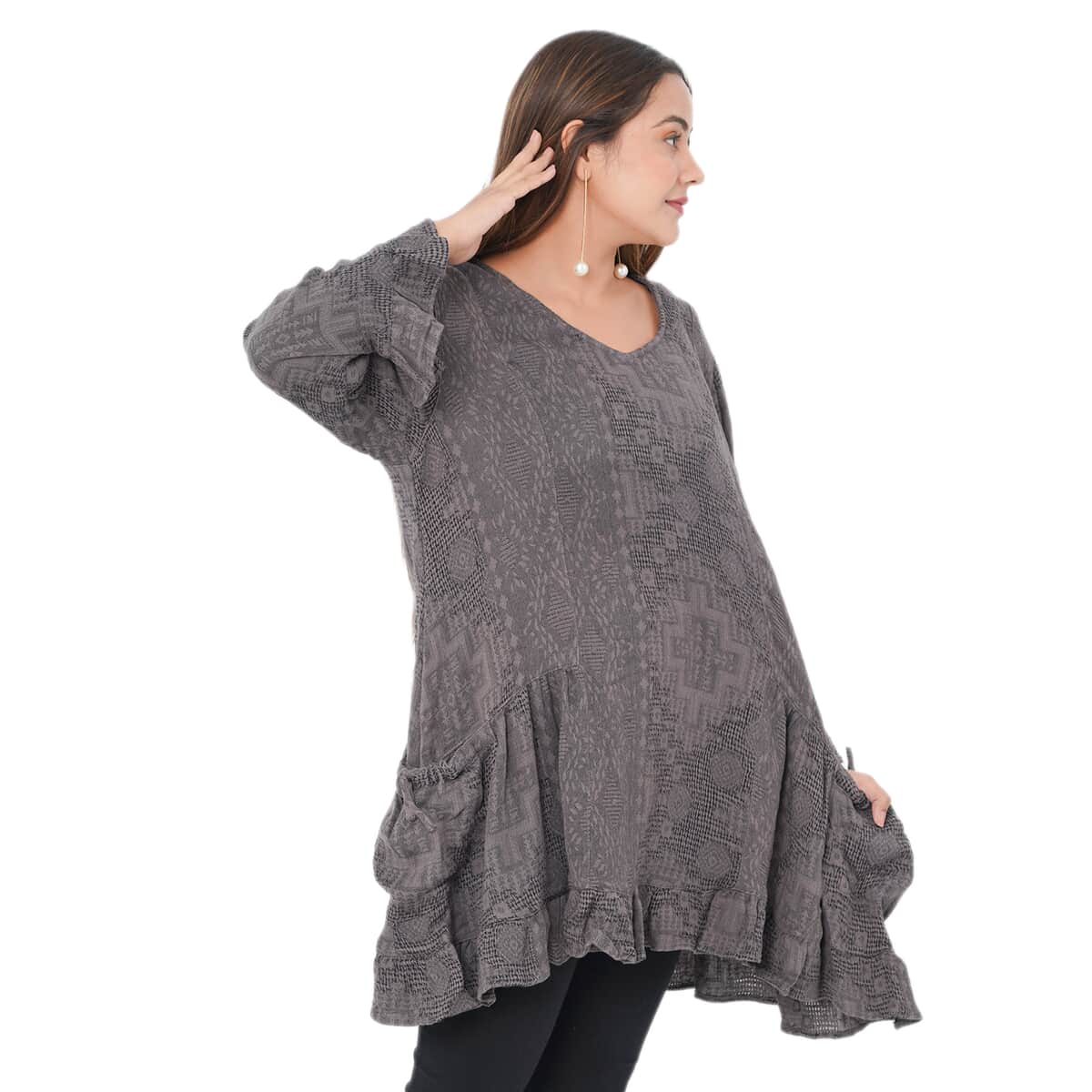 Tamsy Gray 100% Cotton Double Layer Jacquard Ruffle Hem Top - XL/XXL image number 3