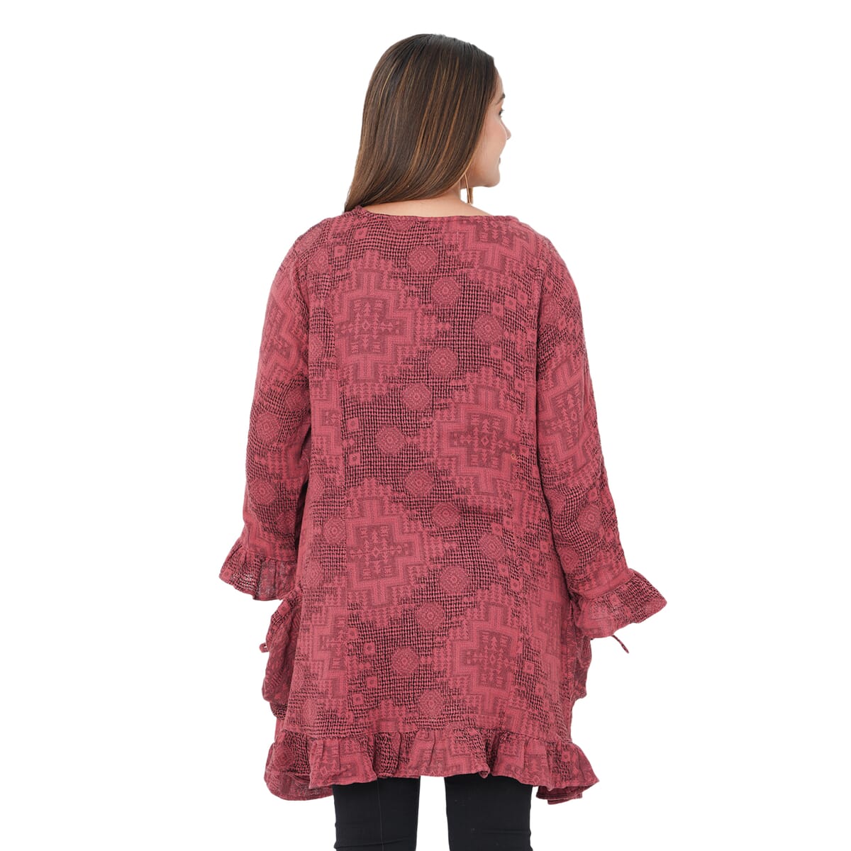 Tamsy Burgundy 100% Cotton Double Layer Jacquard Ruffle Hem Top - XL/XXL image number 1