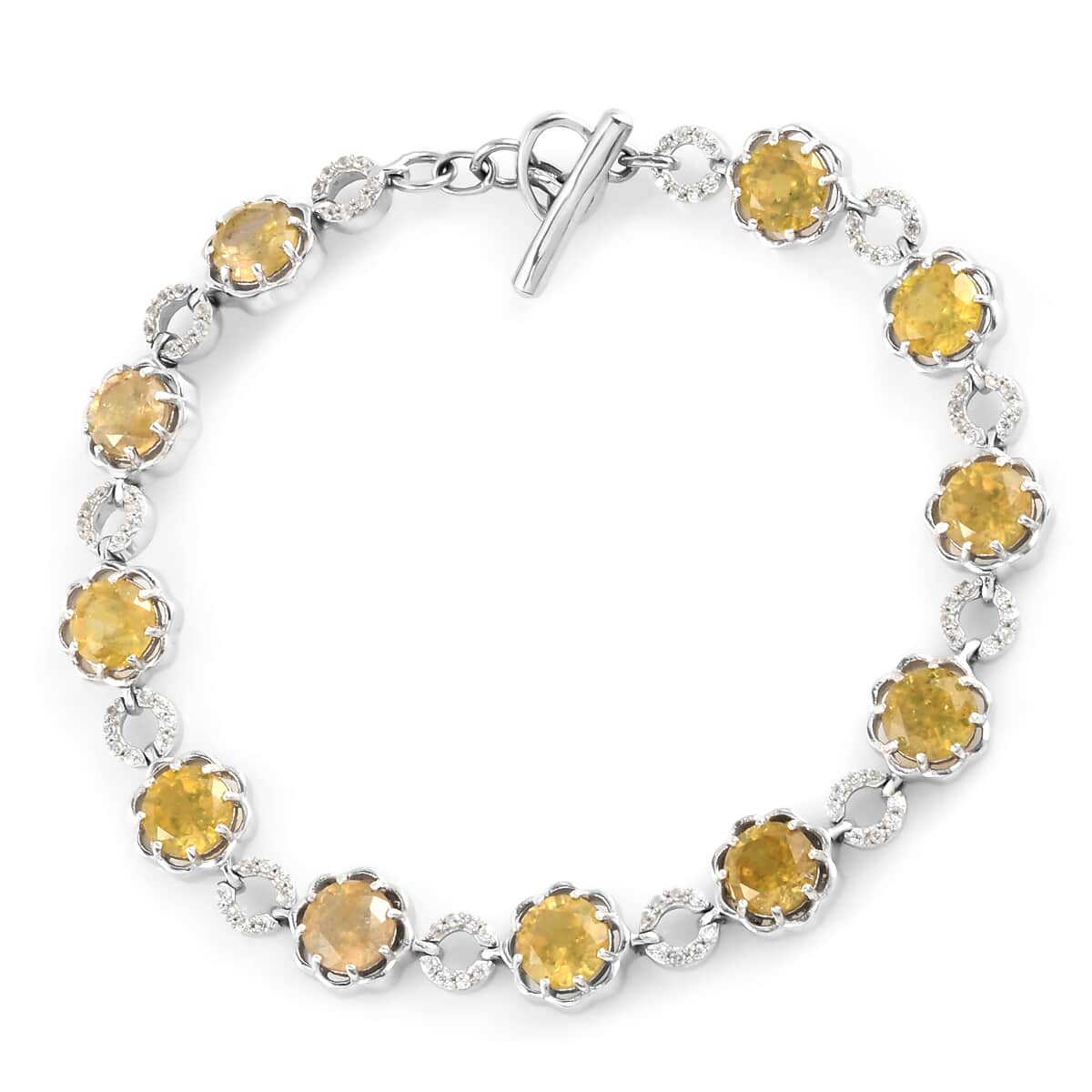 Fissure Filled Yellow Sapphire and Natural White Zircon Floral Station Bracelet in Platinum Over Sterling Silver (7.25 In) 9.85 Grams 14.35 ctw image number 0