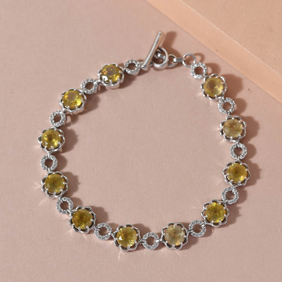 Fissure Filled Yellow Sapphire and Natural White Zircon Floral Station Bracelet in Platinum Over Sterling Silver (7.25 In) 9.85 Grams 14.35 ctw image number 1