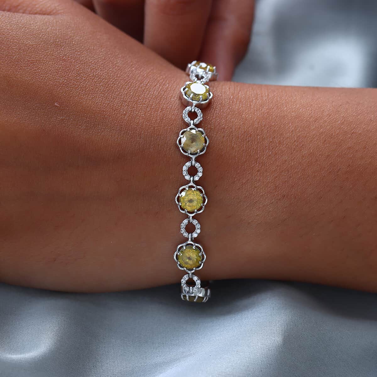 Fissure Filled Yellow Sapphire and Natural White Zircon Floral Station Bracelet in Platinum Over Sterling Silver (7.25 In) 9.85 Grams 14.35 ctw image number 2