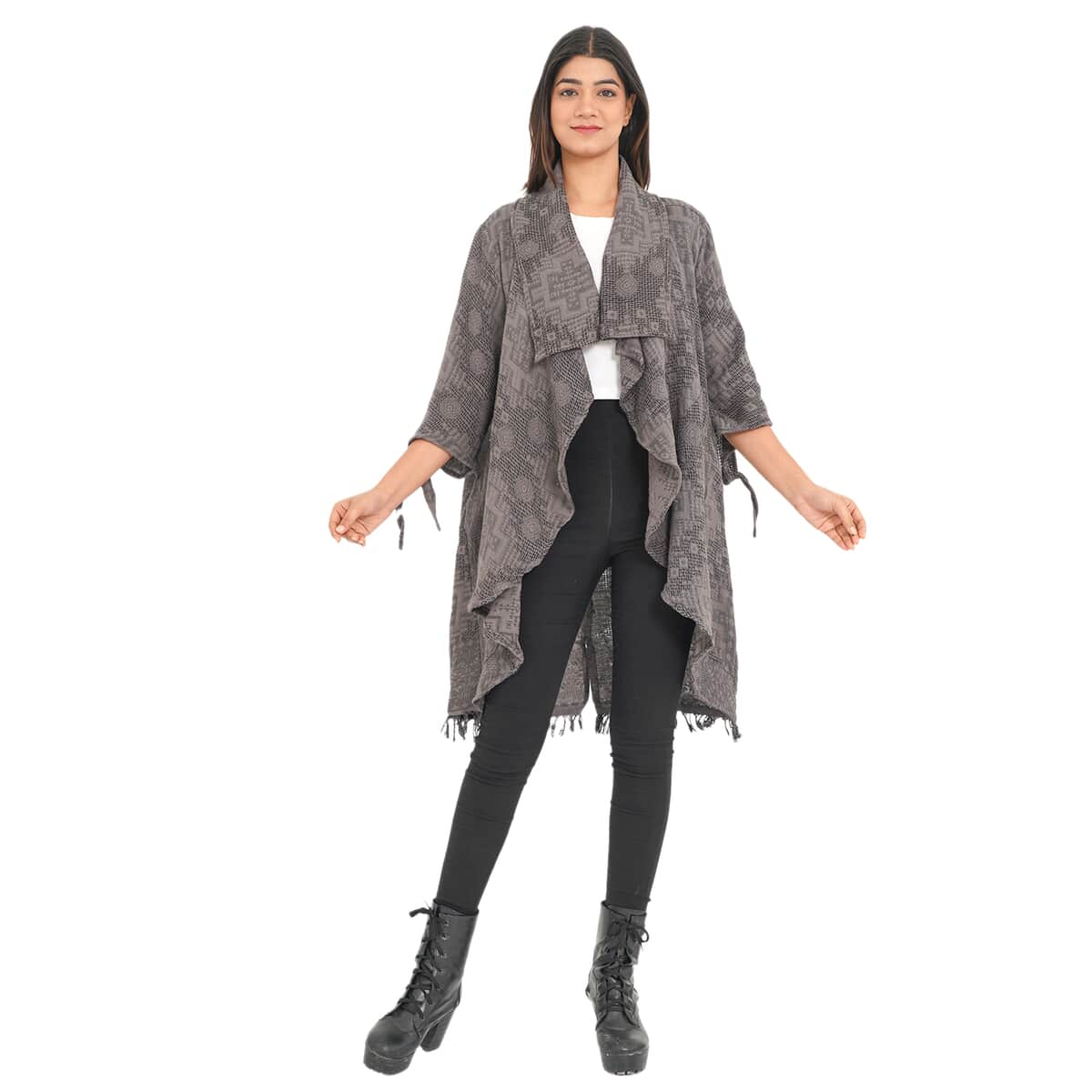 Passage Gray 100% Cotton Double Layer Jacquard Front Waterfall Cardigan - One size Missy, Cotton Cardigan, Women Cardigan, Maxi Cardigan, Summer Cardigan image number 0