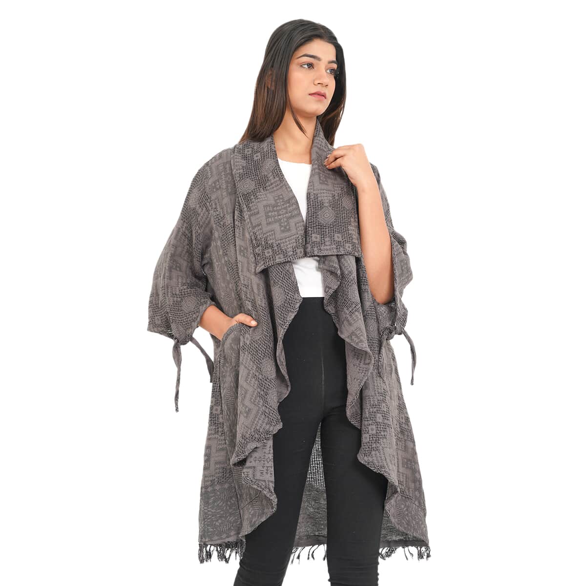 Passage Gray 100% Cotton Double Layer Jacquard Front Waterfall Cardigan - One size Missy, Cotton Cardigan, Women Cardigan, Maxi Cardigan, Summer Cardigan image number 2